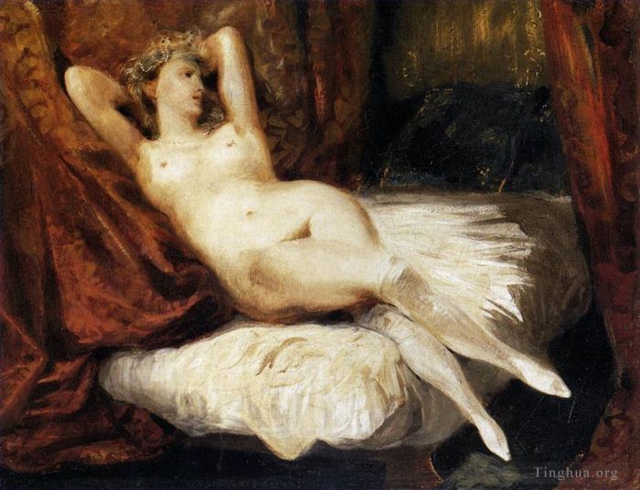 欧仁·德拉克罗瓦 的油画作品 -  《斜倚在沙发上的裸体女性》