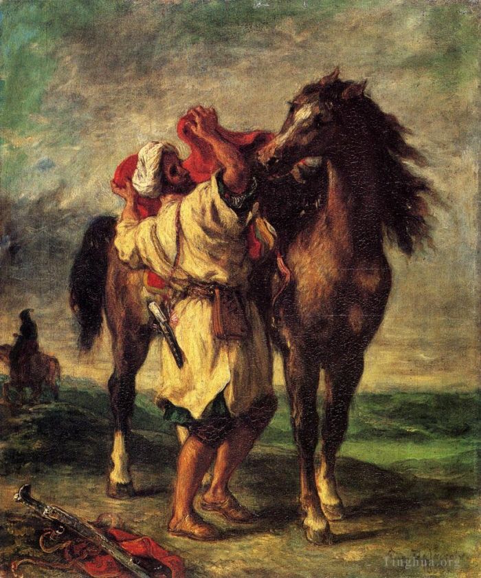 欧仁·德拉克罗瓦 的油画作品 -  《摩洛哥人费迪南德·维克多·尤金,(Ferdinand,Victor,Eugene),给马配鞍》