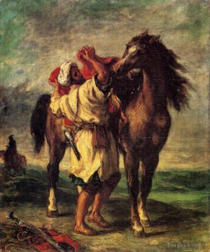 艺术家欧仁·德拉克罗瓦作品《摩洛哥人费迪南德·维克多·尤金,(Ferdinand,Victor,Eugene),给马配鞍》