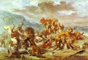 艺术家欧仁·德拉克罗瓦作品《猎狮》