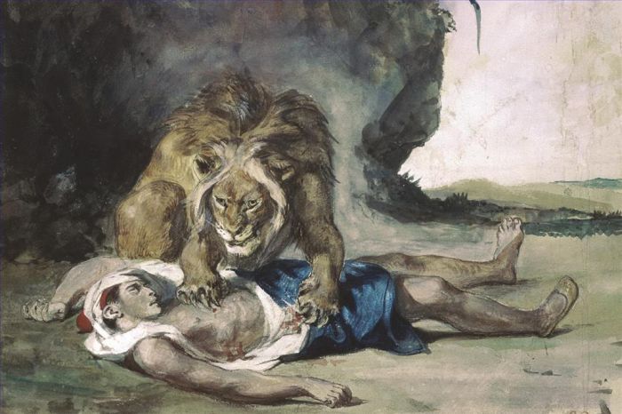 欧仁·德拉克罗瓦 的油画作品 -  《狮子撕碎尸体》