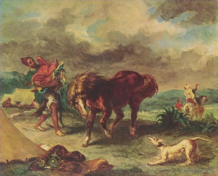 欧仁·德拉克罗瓦 的油画作品 -  《摩洛哥人和他的马,1857》