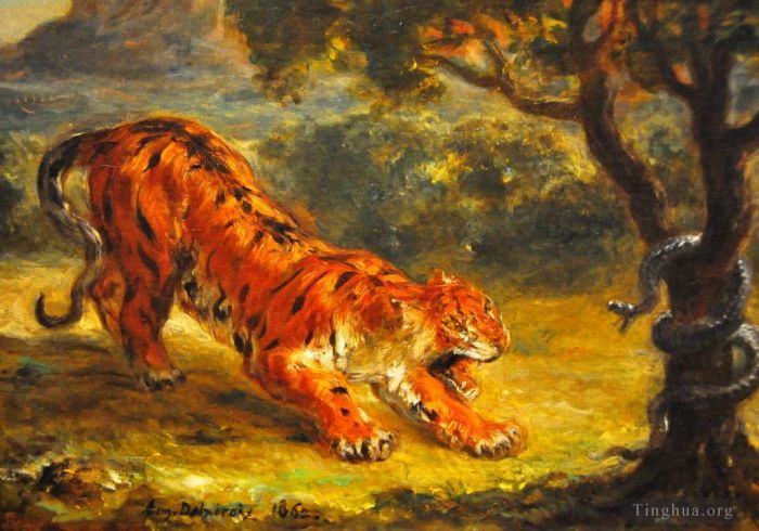 欧仁·德拉克罗瓦 的油画作品 -  《老虎和蛇,1862》