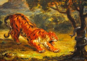 艺术家欧仁·德拉克罗瓦作品《老虎和蛇,1862》
