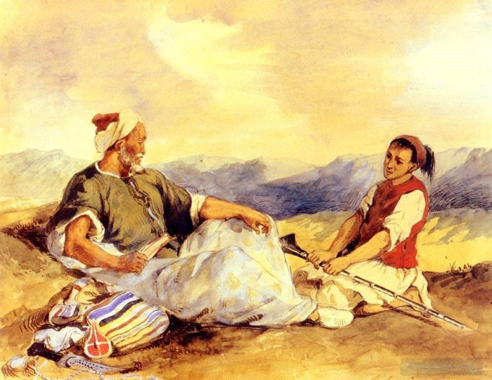 欧仁·德拉克罗瓦 的各类绘画作品 -  《两个摩洛哥人坐在乡村》