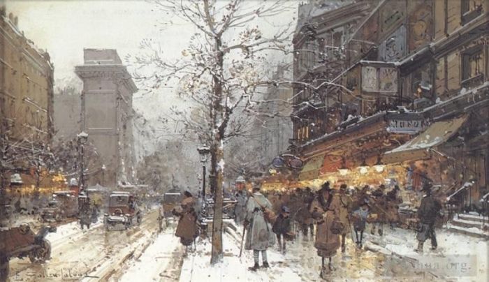 欧仁·加利安·拉瑞 的各类绘画作品 -  《雪下的巴黎人繁忙的林荫大道》