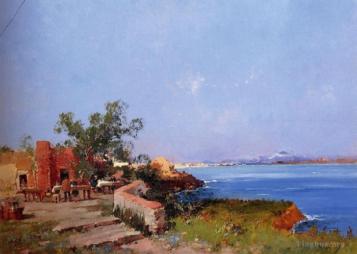 欧仁·加利安·拉瑞 的各类绘画作品 -  《在露台上享用午餐，欣赏那不勒斯湾的景色》