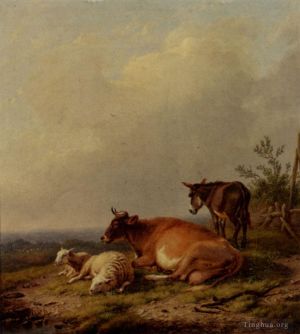 艺术家欧仁·约瑟夫·俄伯艾克郝温作品《一头牛,一只羊和一头驴》