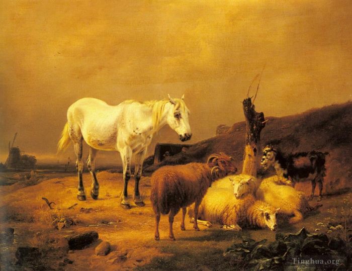 欧仁·约瑟夫·俄伯艾克郝温 的油画作品 -  《风景中的一匹马绵羊和山羊》