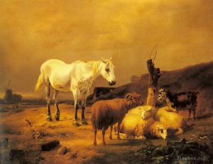 艺术家欧仁·约瑟夫·俄伯艾克郝温作品《风景中的一匹马绵羊和山羊》