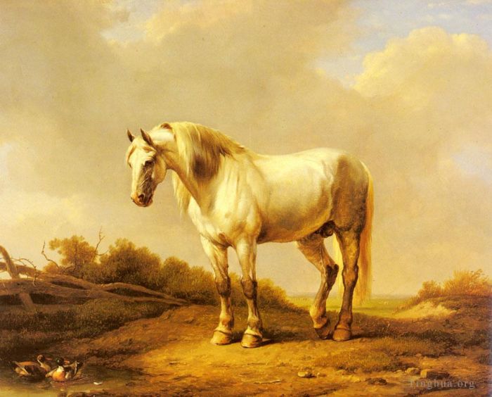 欧仁·约瑟夫·俄伯艾克郝温 的油画作品 -  《风景中的一匹白色种马,Eugene,Verboeckhoven,马》