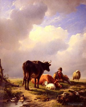 艺术家欧仁·约瑟夫·俄伯艾克郝温作品《一位农民正在休息他的牲畜》