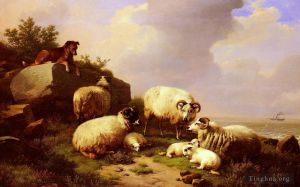 艺术家欧仁·约瑟夫·俄伯艾克郝温作品《守卫海岸的羊群》