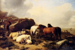 艺术家欧仁·约瑟夫·俄伯艾克郝温作品《海岸边的马和羊》