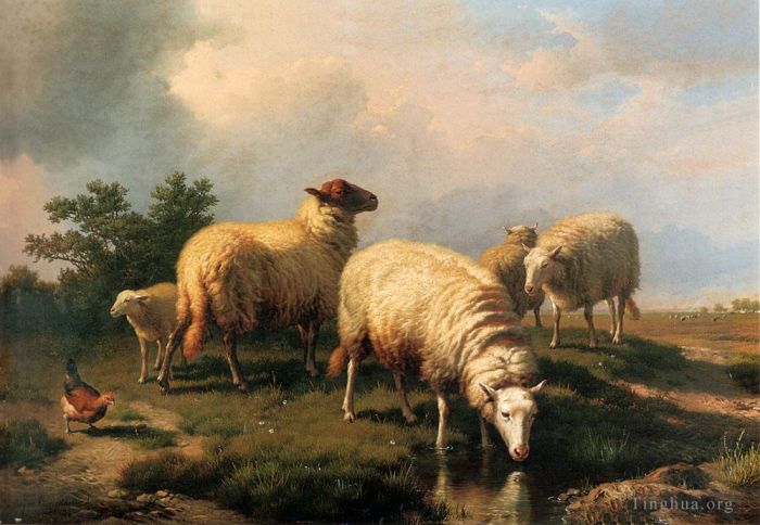 欧仁·约瑟夫·俄伯艾克郝温 的油画作品 -  《风景中的羊和鸡》
