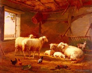 艺术家欧仁·约瑟夫·俄伯艾克郝温作品《谷仓里有鸡和山羊的绵羊》