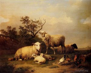 艺术家欧仁·约瑟夫·俄伯艾克郝温作品《风景中的羊与休息的羔羊和家禽》