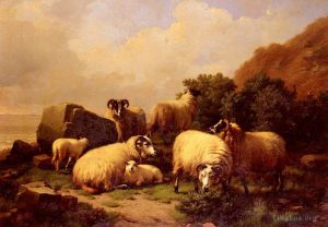 艺术家欧仁·约瑟夫·俄伯艾克郝温作品《海边吃草的羊》