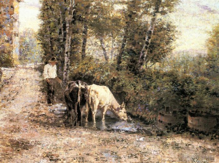 欧金尼奥·赞姆佩给 的油画作品 -  《奶牛在安静的水池里喝水》