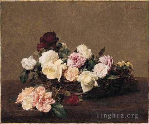 亨利·方坦·拉图尔 的油画作品 -  《一篮玫瑰》