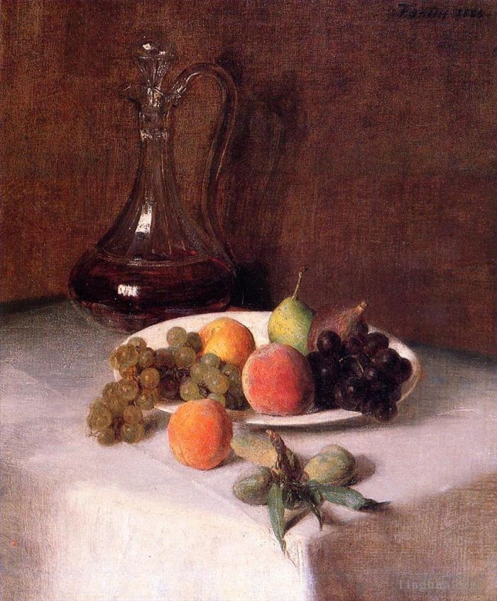 亨利·方坦·拉图尔 的油画作品 -  《白色桌布上的一瓶葡萄酒和一盘水果》