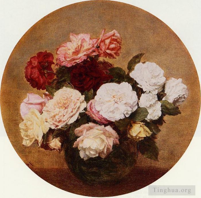 亨利·方坦·拉图尔 的油画作品 -  《一大束玫瑰花》