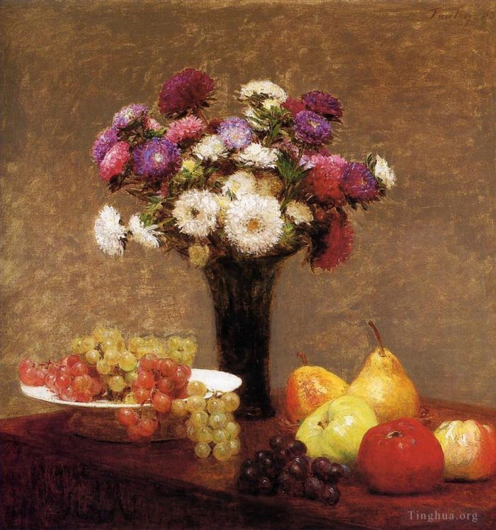 亨利·方坦·拉图尔 的油画作品 -  《紫苑和桌上的水果》
