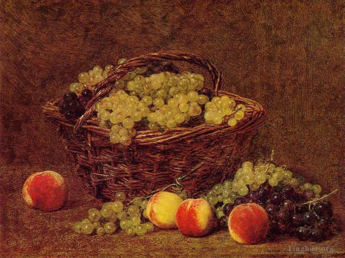 亨利·方坦·拉图尔 的油画作品 -  《一篮子白葡萄和桃子》