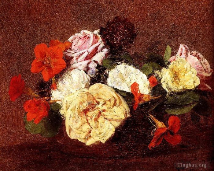 亨利·方坦·拉图尔 的油画作品 -  《玫瑰和旱金莲花束》
