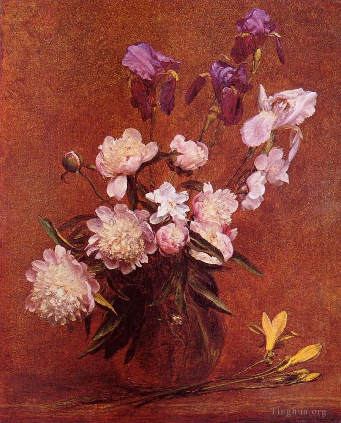 亨利·方坦·拉图尔 的油画作品 -  《牡丹和鸢尾花束》