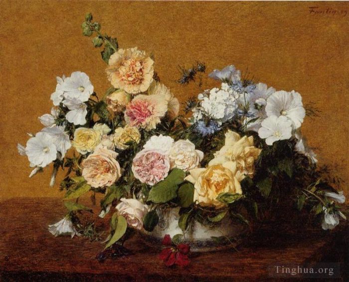 亨利·方坦·拉图尔 的油画作品 -  《玫瑰和其他鲜花的花束》