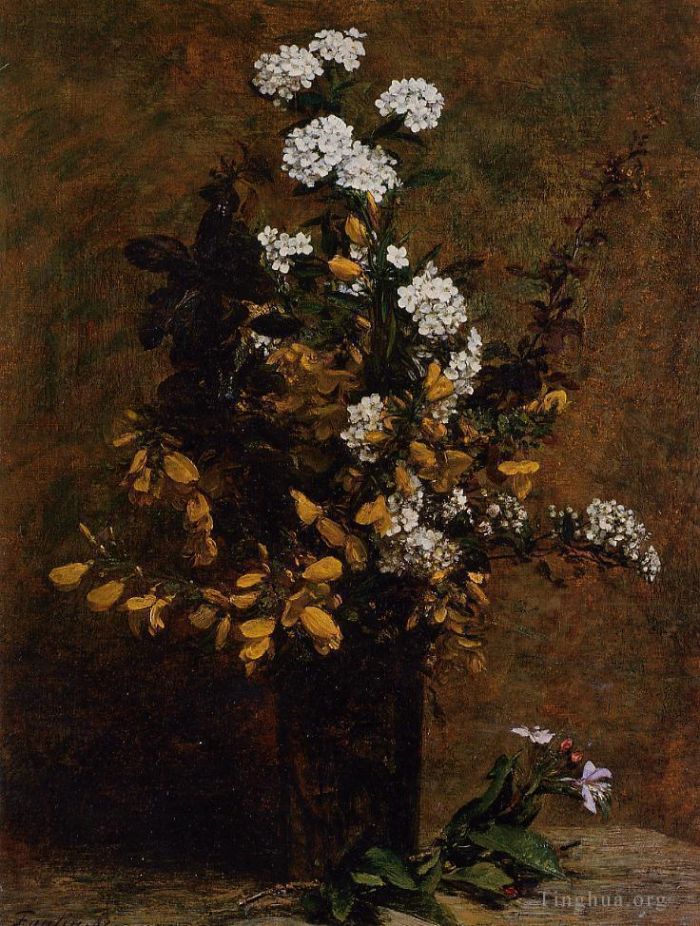 亨利·方坦·拉图尔 的油画作品 -  《花瓶里的扫帚和其他春天的花朵》