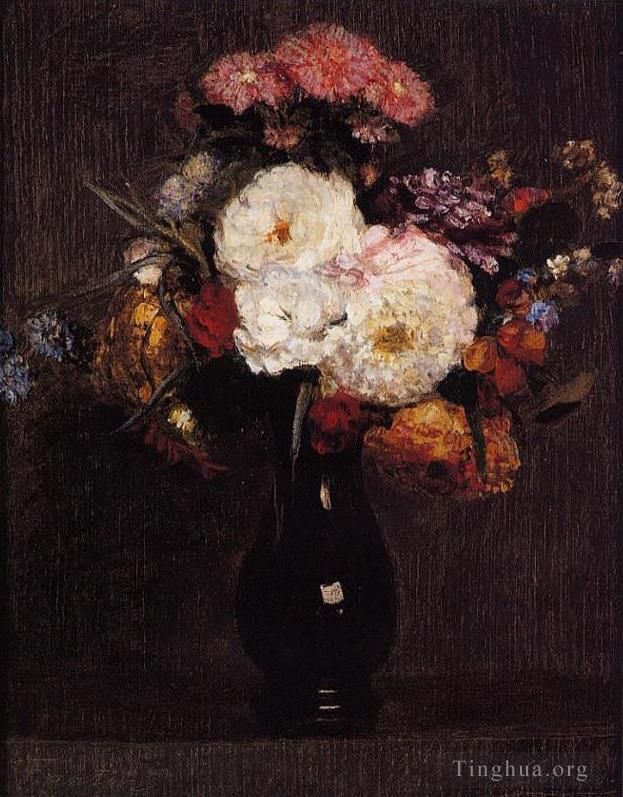 亨利·方坦·拉图尔 的油画作品 -  《大丽花皇后雏菊玫瑰和矢车菊》