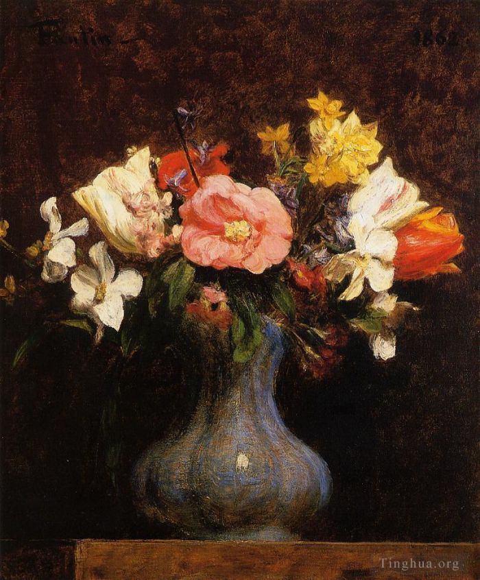 亨利·方坦·拉图尔 的油画作品 -  《花山茶花和郁金香》