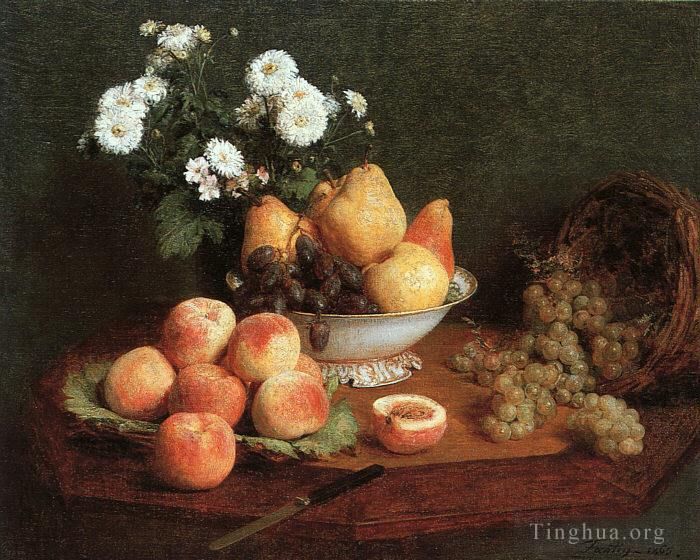 亨利·方坦·拉图尔 的油画作品 -  《桌上的鲜花水果,1865》