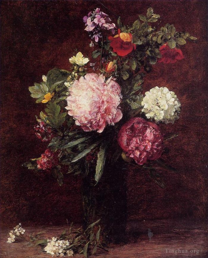 亨利·方坦·拉图尔 的油画作品 -  《三朵牡丹花大花束》