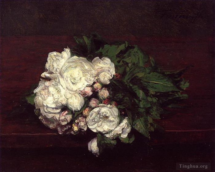 亨利·方坦·拉图尔 的油画作品 -  《鲜花,白玫瑰》