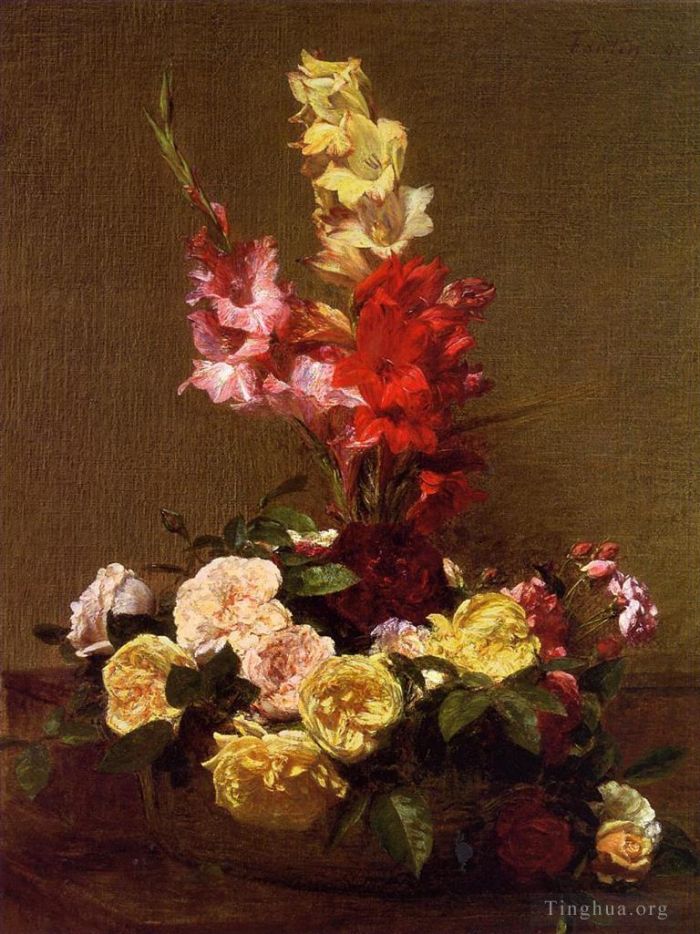 亨利·方坦·拉图尔 的油画作品 -  《剑兰和玫瑰》