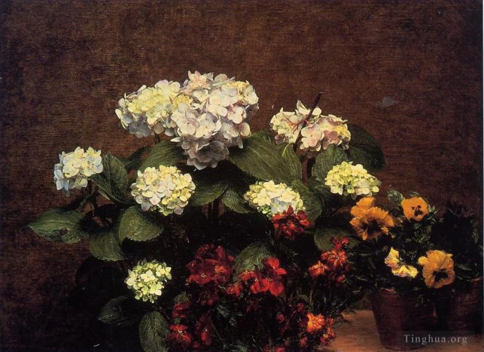 亨利·方坦·拉图尔 的油画作品 -  《绣球花丁香和两盆紫罗兰》