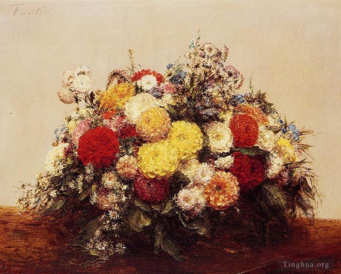亨利·方坦·拉图尔 的油画作品 -  《大花瓶大丽花和什锦鲜花》