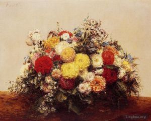 艺术家亨利·方坦·拉图尔作品《大花瓶大丽花和什锦鲜花》