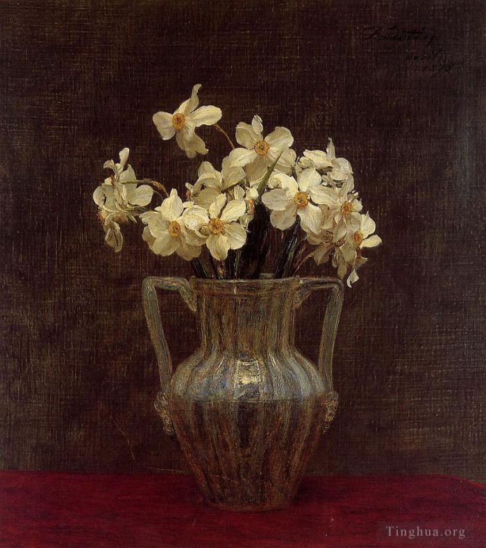 亨利·方坦·拉图尔 的油画作品 -  《乳白玻璃花瓶中的水仙》
