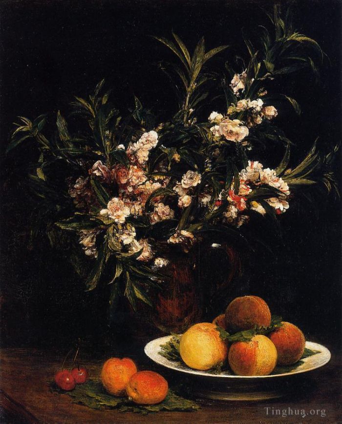 亨利·方坦·拉图尔 的油画作品 -  《静物,Balsimines,桃子和杏子》
