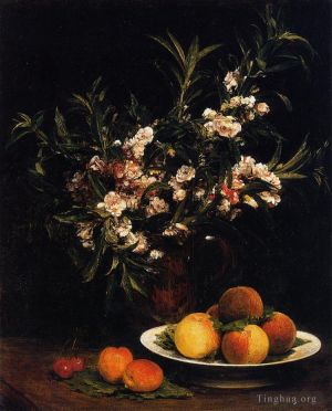 艺术家亨利·方坦·拉图尔作品《静物,Balsimines,桃子和杏子》
