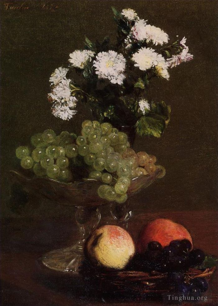 亨利·方坦·拉图尔 的油画作品 -  《静物菊花和葡萄》