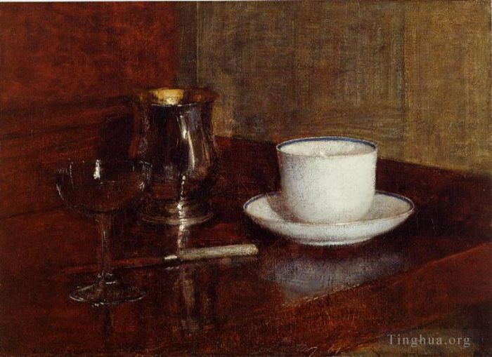 亨利·方坦·拉图尔 的油画作品 -  《静物玻璃银高脚杯和香槟杯》