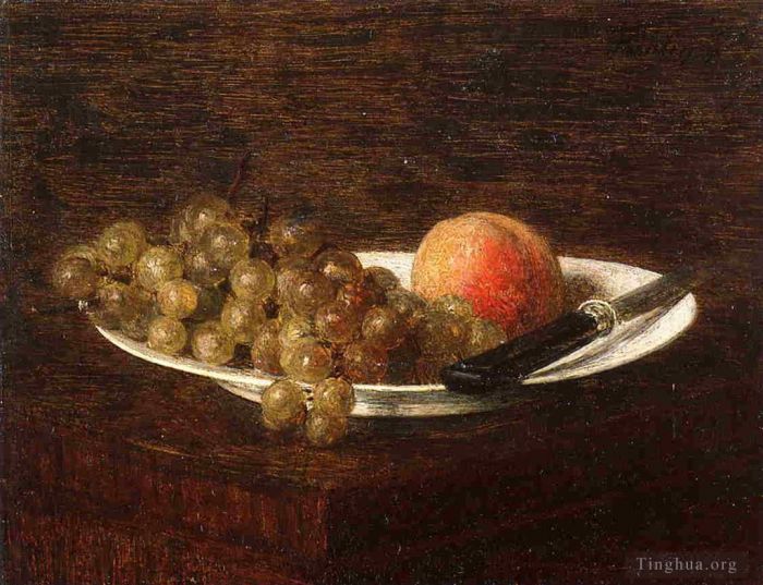 亨利·方坦·拉图尔 的油画作品 -  《静物桃子和葡萄》