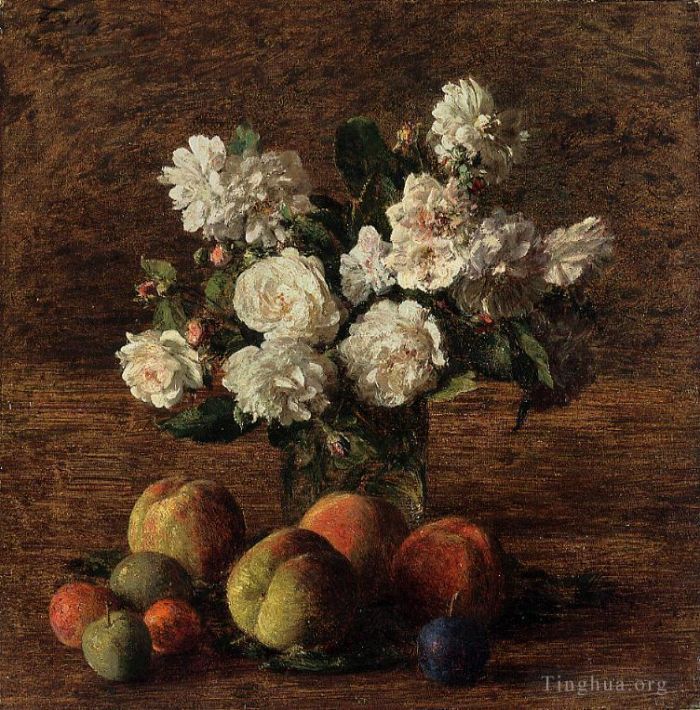 亨利·方坦·拉图尔 的油画作品 -  《静物玫瑰和水果》