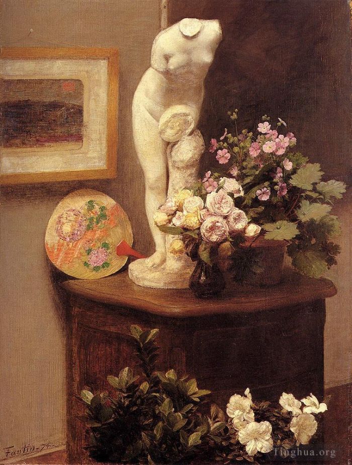 亨利·方坦·拉图尔 的油画作品 -  《躯干和鲜花的静物》