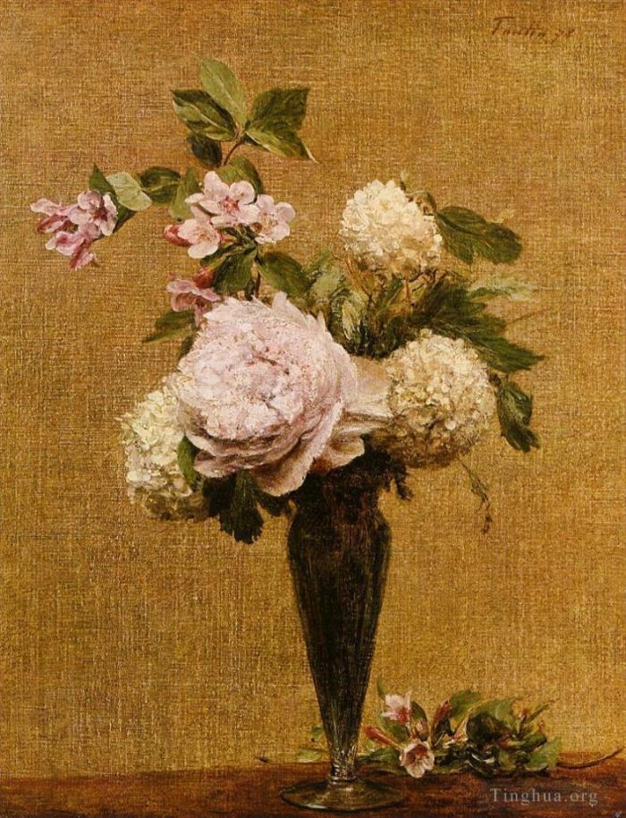 亨利·方坦·拉图尔 的油画作品 -  《牡丹与雪球花瓶》